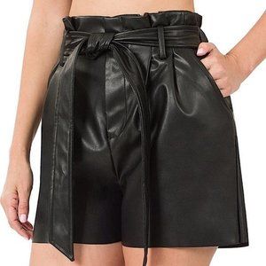 Black Vegan Leather High Waist Paperbag Shorts